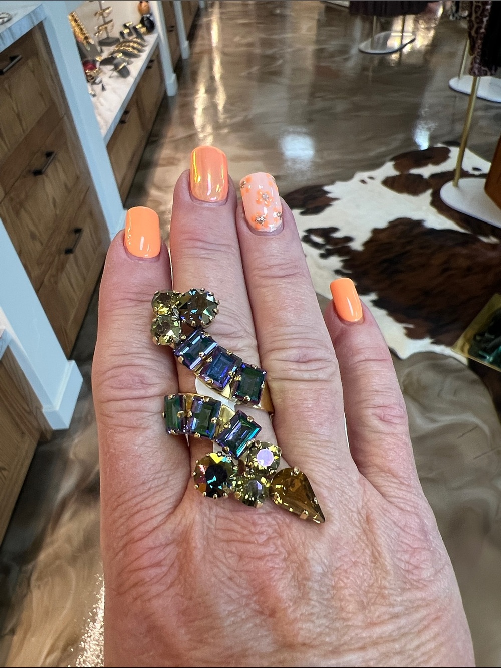 Statement Gold-Tone Green Crystal Cluster Ring - Women Jewelry